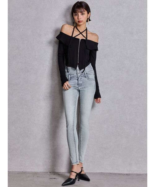 GYDA（ジェイダ）の「ハイウエストウエストクロススキニーデニムパンツ