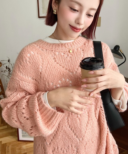 moment+（モーメントプラス）の「ハート柄透かし編みモヘアニットプル