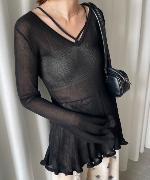 Ameri（アメリ）の「SHEER FRILL V NECK KNIT TOP（ニット/セーター