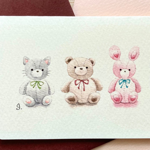 2枚セット「大切なぬいぐるみ」水彩画イラスト ミニカード バースデー