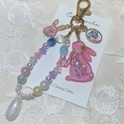 ハンドメイド＊レジンうさぎキーホルダー ピンク チャーム ビーズ