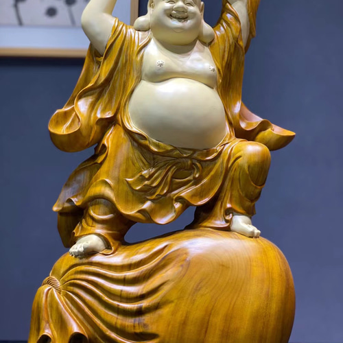 □大型 木彫り 布袋尊立像 布袋様 七福神 木製彫刻 香樟材 縁起物 彫刻