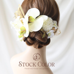 胡蝶蘭と水引飾りのヘッドドレス/ヘアアクセサリー(ホワイトグリーン