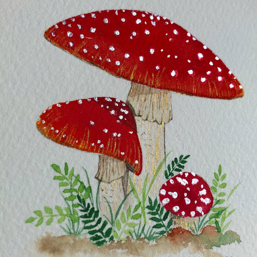 ベニテングタケ きのこ 真珠光沢水彩原画 イラスト ギフト 絵画 Annie