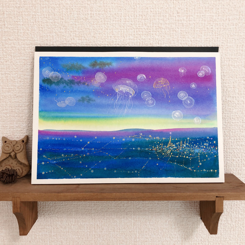 水彩原画-くらげ浮かぶの夜空 プレゼント/アート 絵画 Annie