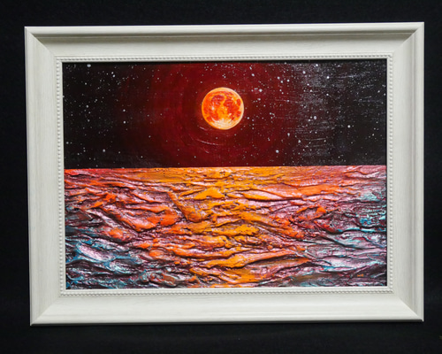 油絵 油彩 油彩画 絵 絵画 【オレンジ色の満月と輝く海】 絵画 HR