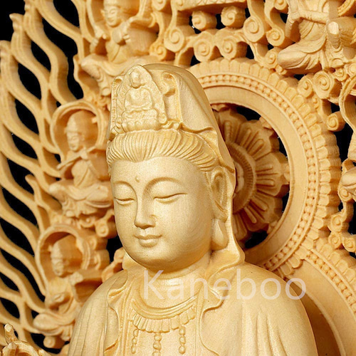 木彫り 観世音菩薩 観音像 観音菩薩 ミニ 仏壇仏像 柘植の木 飛天光背