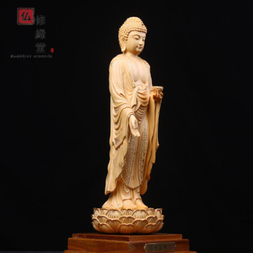 木彫り 仏像 阿弥陀如来立像 阿弥陀仏 本金 切金 彫刻 天然木檜材 AS
