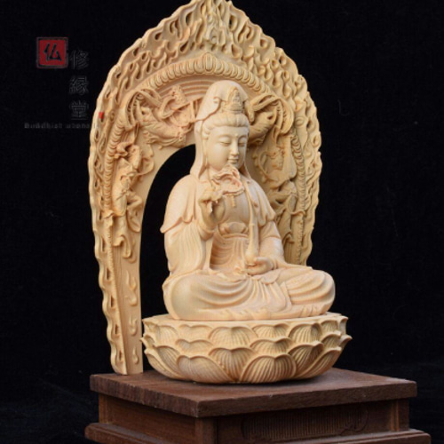 最高級 木彫仏像 観音菩薩座像 彫刻 一刀彫 天然木檜材 仏教工芸 F