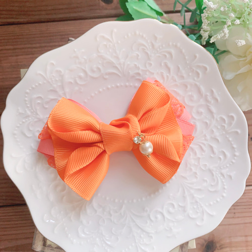 フローラリボン オレンジ×コーラルピンク パール レース リボンヘア