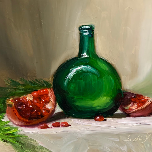 油彩画 Pomegranate and Green Glass 絵画 Sachi Yoshimoto Art 通販