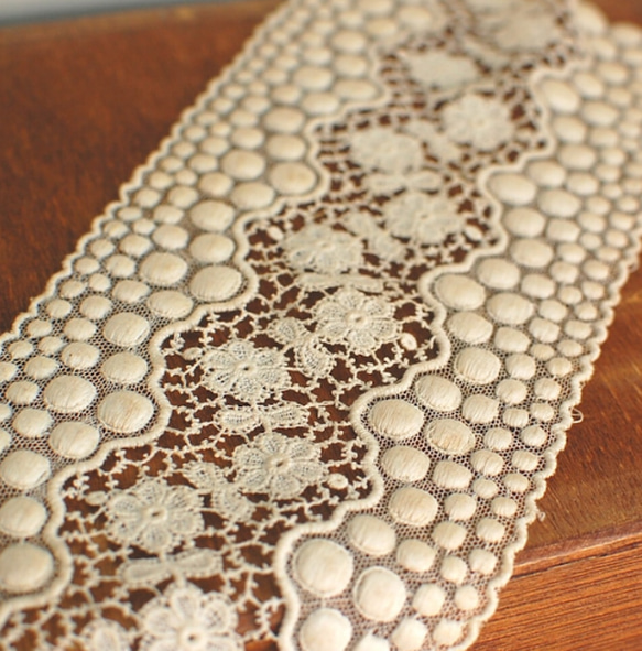 フランスアンティークレース ドット刺繍のチュールレース 幅広 ハギレ