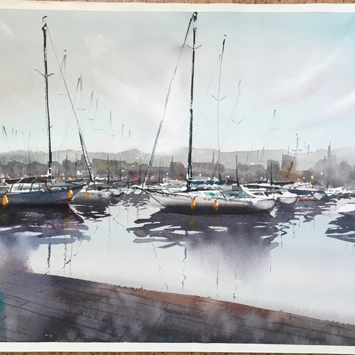 ヨットハーバーの朝 ヨット 船 ハーバー 空 水彩画 手描き 原画 一点物