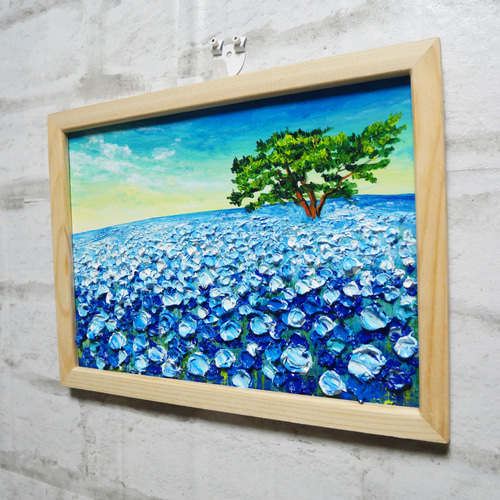 油絵 油彩 油彩画 絵 絵画【ネモフィラの丘の朝】 絵画 HR 通販