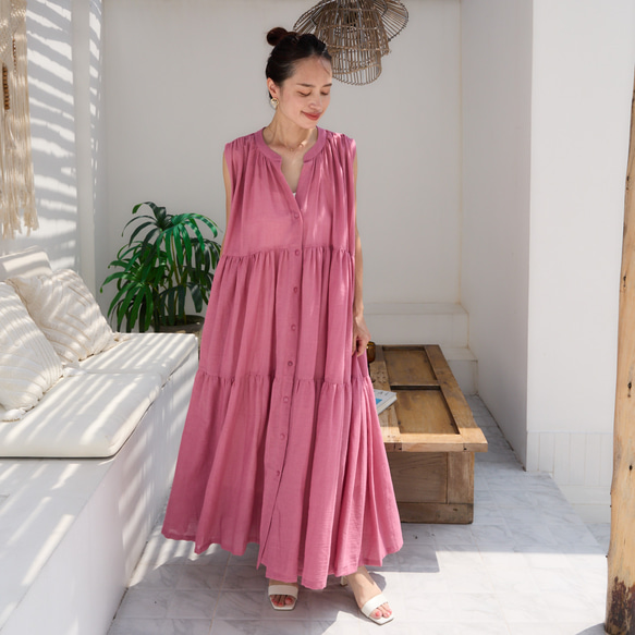 着丈調整可能】軽やかな着心地 コットン 前開き ティアードワンピース