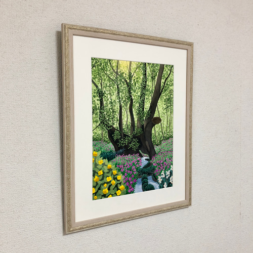 大カツラとカタクリの花」透明水彩画 原画 風景画 額縁付 F4サイズ