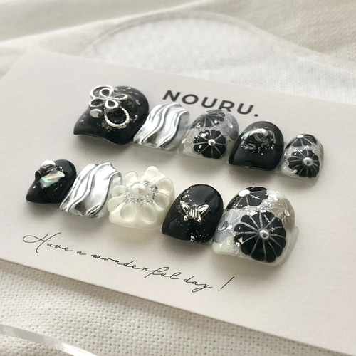 振袖ネイル《和柄白黒》ネイルチップ【サイズオーダー制】一部 カラー