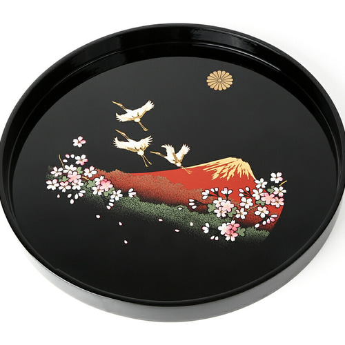 菊紋入】木製丸盆 尺 黒 富士山に鶴と桜 30cm 丸盆 叙勲 菊紋 内祝