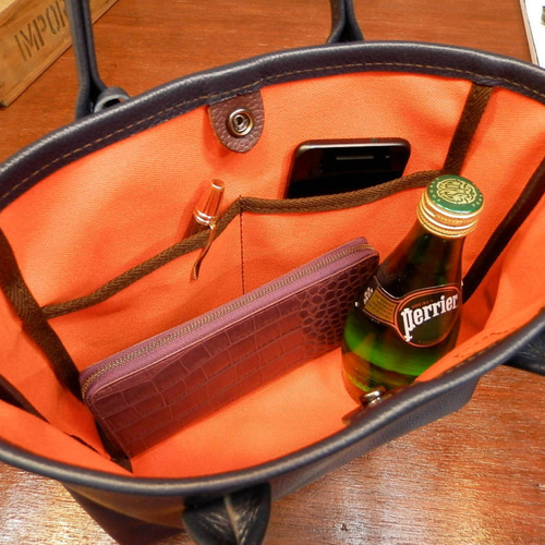 ☆受注生産☆小さめSサイズ☆紺ネイビーレザー×オレンジ裏地の