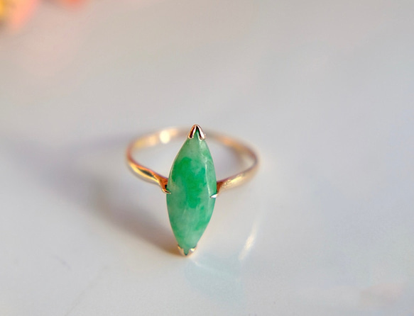 24-1 受注製作 k18金 ミャンマー産 本翡翠 ヒスイ マーキス リング