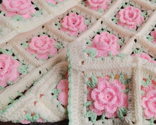 グラニースクエア ブランケット かぎ針編み 薔薇柄 大判 カーペット