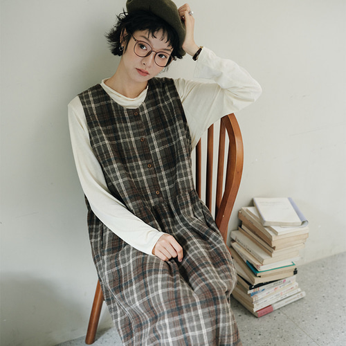 チェック柄ノースリーブワンピースドレス 秋冬にぴったりのゆったり