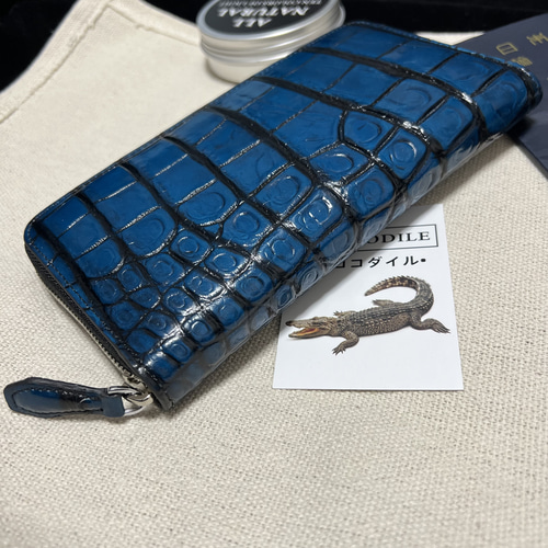 一枚革 最高級藍染めクロコダイル長財布 デニムのよう ワニ革 鰐 長