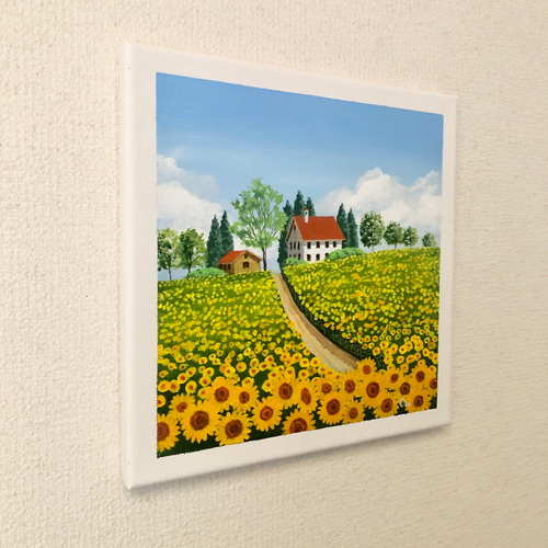 ひまわりの咲く丘」アクリル画 原画 キャンバス 25cm角サイズ 風景画