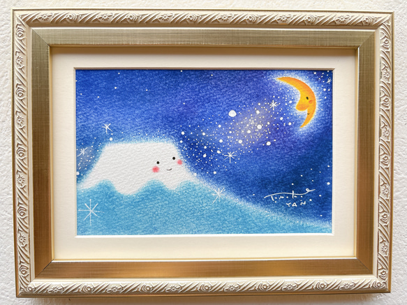 一点物原画＊富士山と月と天の川の絵＊夜空 寝室 落ち着いた絵