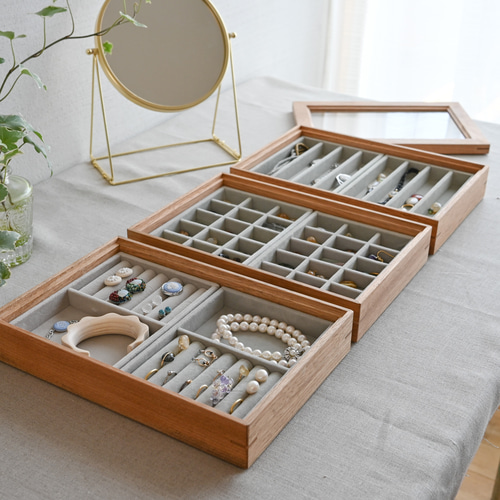 木製アクセサリートレイ3段 (選べるトレイ&フタ付) 国産無垢クルミ