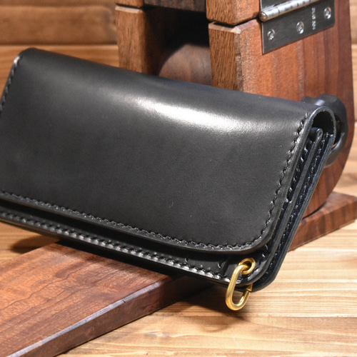 トラッカーウォレット190(ロング) 栃木レザーブラック 手縫い 長財布