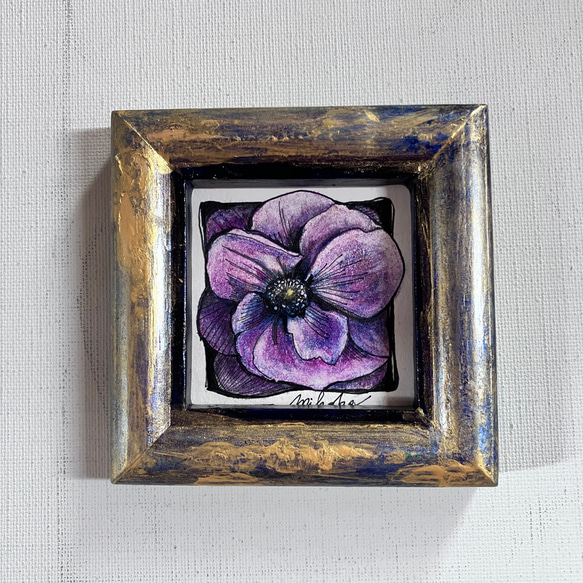期間限定価格。原画 小さなアート 花々 額入り むらさきの花 絵画