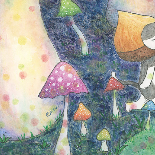 きのこの森 ポストカード / グッズ きのこ 秋 水彩 イラスト 猫 絵本風