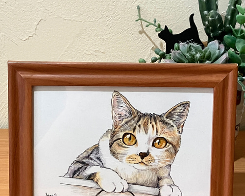 原画イラスト 一点物 三毛猫 まんが風イラスト フレーム付 L判サイズ