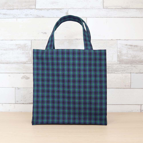 ミニ ファミリア風 グリーンチェック ネイビー 紙袋型 ミニトート 通勤
