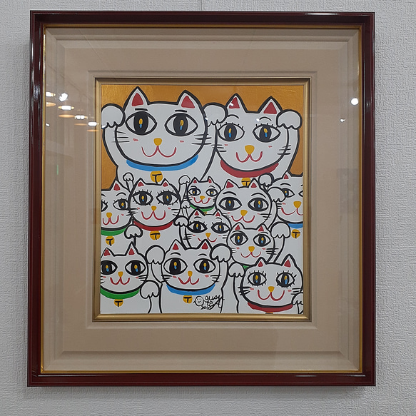 カラフルな招き猫のポップアート絵画 色紙サイズ 画家 小楠アキコ作品