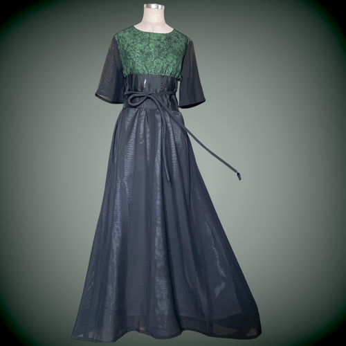 着丈140cm 絽黒 ラウンドネック マキシ丈 ワンピース 着物リメイク