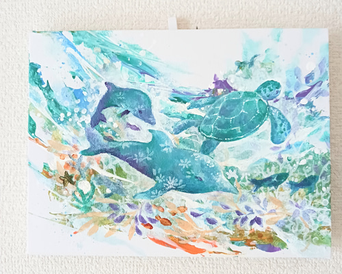 アート原画【Candy ocean】キャンバス木枠/ミニアート/海の生き物 絵画