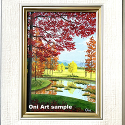 ひまわり畑04」透明水彩画 原画 風景画 額縁付 2Lサイズ 絵画 Oni