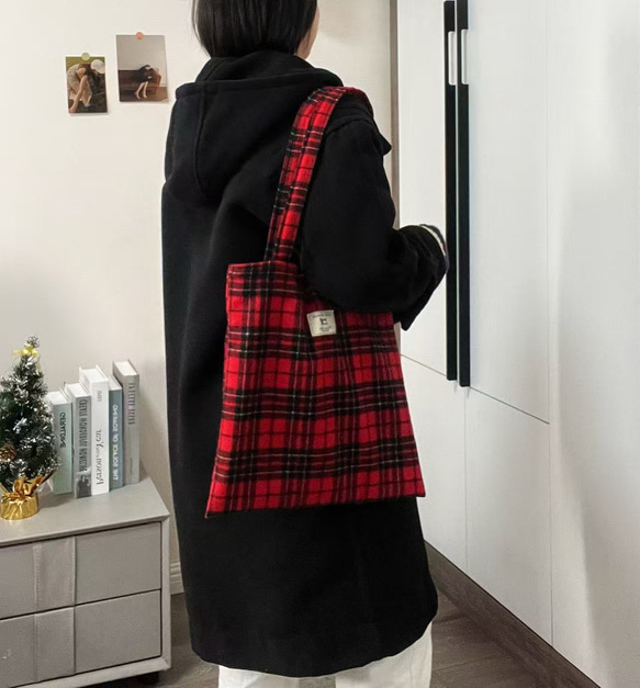 冬限定❄️赤チェック トートバッグ（大容量・A4対応）ウール混素材