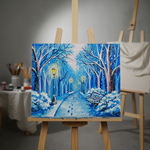 油絵 原画 雪景色 冬景色 幻想的 青 絵画 F3「雪降る幻想」 絵画 HR