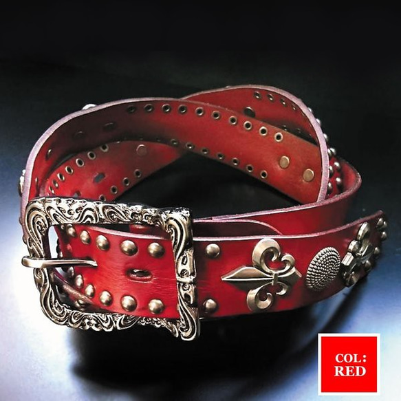 本革 (牛革) スタッズベルト メンズベルト 鋲ベルト (レッド) その他