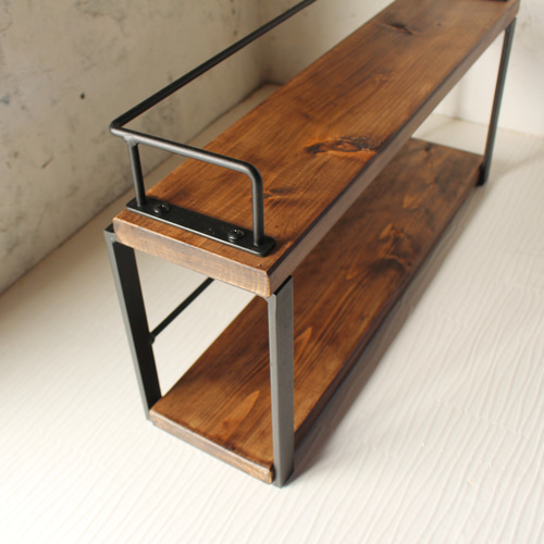 送料無料]アイアン2段木材スパイスラック・調味料棚・落下防止丸鉄 棚