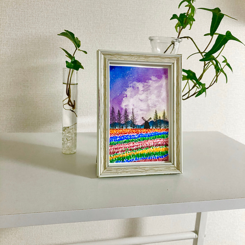 ハガキsize 手描きミニ水彩画 アクリル画【チューリップ畑】原画 絵画