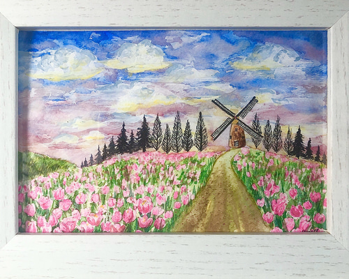 ハガキsize 水彩画【チューリップ畑】額付 原画 絵画 Yuriart 通販