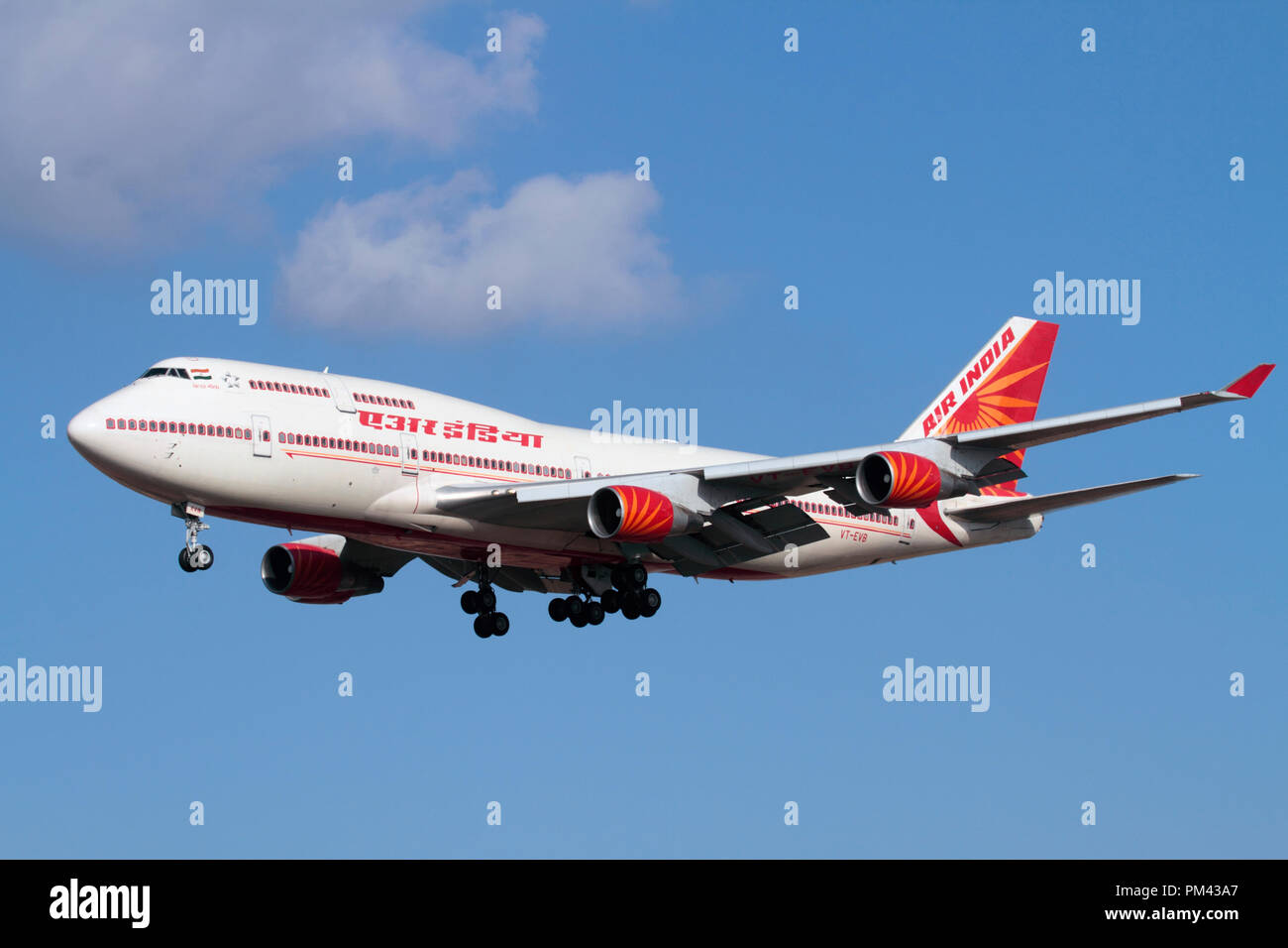 Air India Boeing 747-400 jumbo jet plane flying on approach. Long
