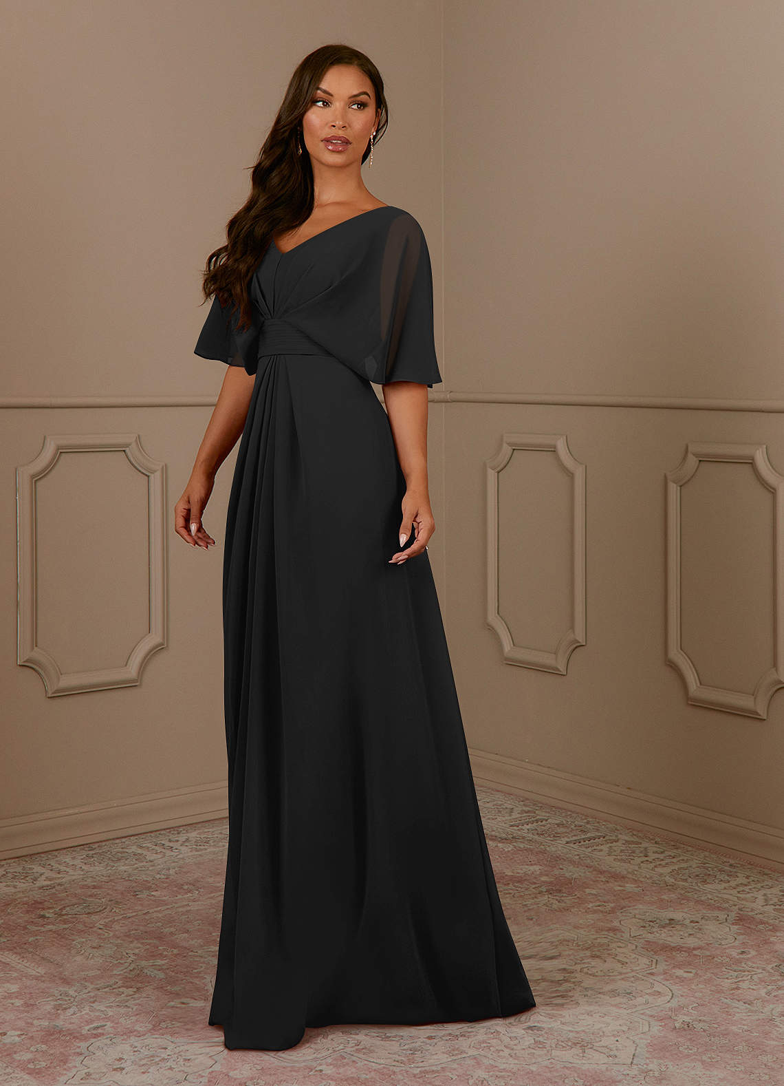 Azazie Oksana Black A-Line V-Neck Pleated Chiffon Dress | Azazie