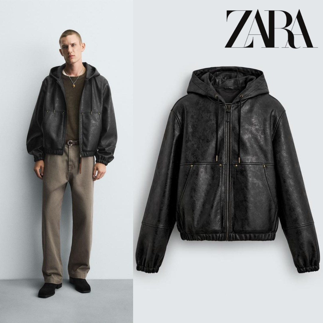 ZARA フェイクレザー フーデットジャケット パーカー フーディ