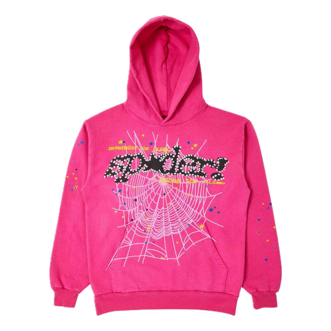 Sp5der】スパイダー Web Hoodie Pink Multi Star Rhinestone (SP5DER