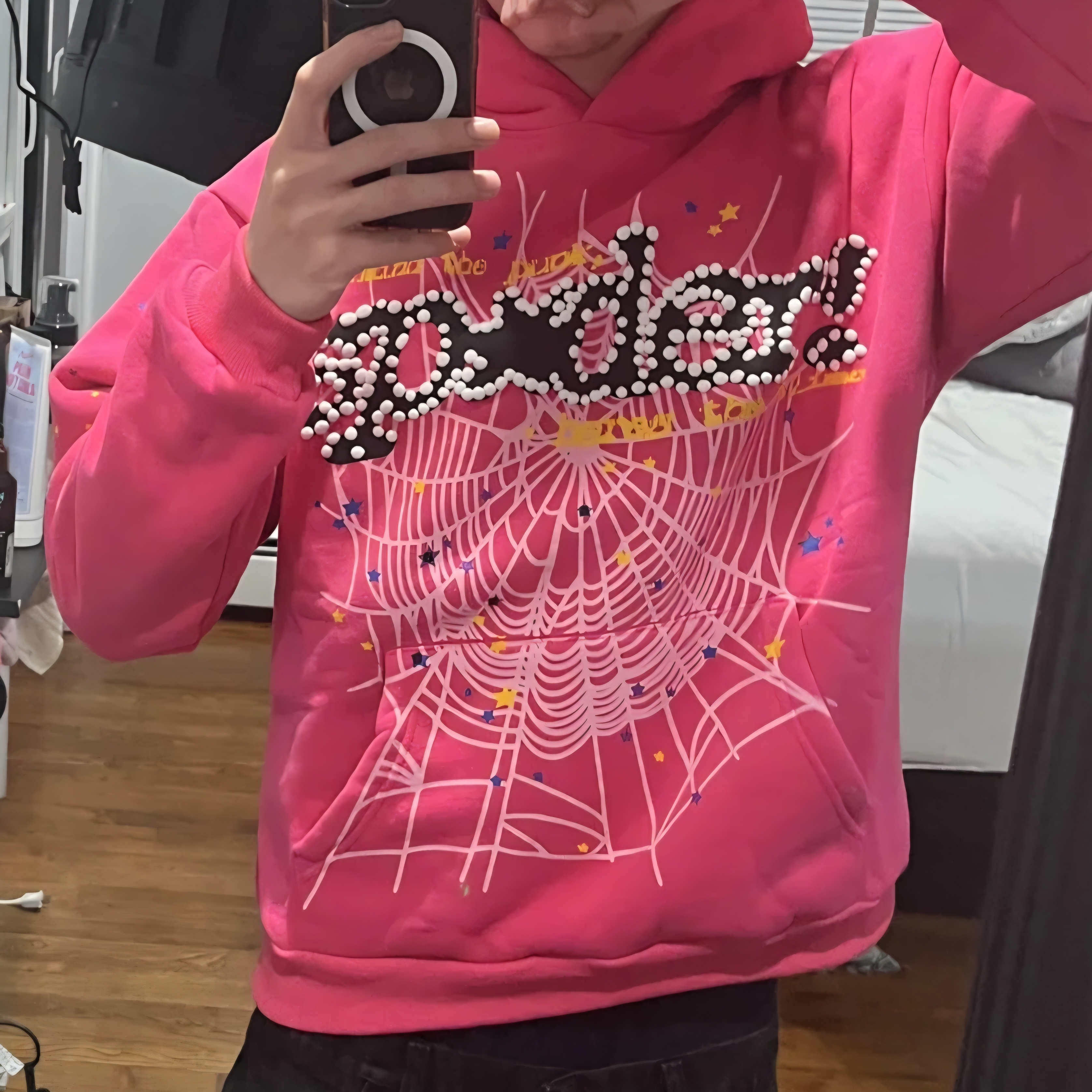 Sp5der】スパイダー Web Hoodie Pink Multi Star Rhinestone (SP5DER